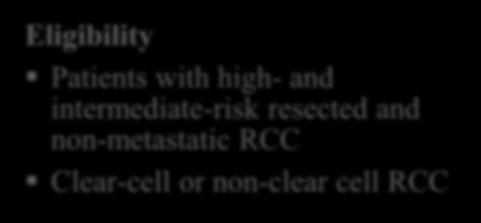 ASSURE: Adjuvant sorafenib or sunitinib for unfavorable RCC (Phase ) Eligibility Patients with high- and intermediate-risk resected and non-metastatic RCC Clear-cell or non-clear cell RCC =1923 R A D