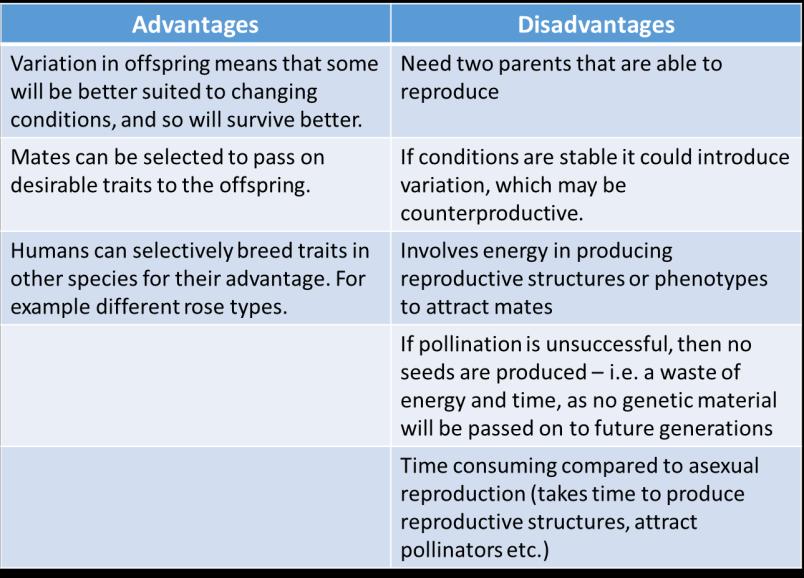 Summary of Advantages and disadvantages of Sexual Reproduction Why is variation so important for a species survival?