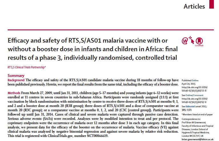 RTS,S vaccine 40-month efficacy against (mild) clinical malaria: Children 5-17mths (36.3%; 32 401), or 28.3% (23.3 32.