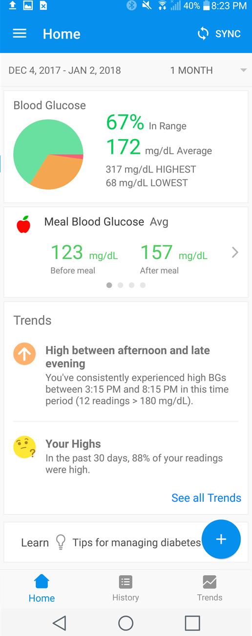 HOME HOME The home screen displays your blood glucose readings, exercise data, insulin data, and food/carb entries in an easy to use and insightful format. Tap to Sync your Diabetes Device.