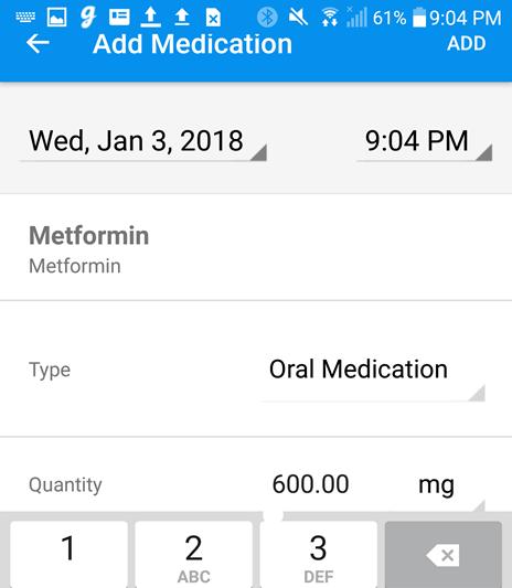 NOTE: Your most recent Medication selection will be displayed on the Add Event Menu. If you have not added any medications, you will see Medication as displayed in the image to the left.