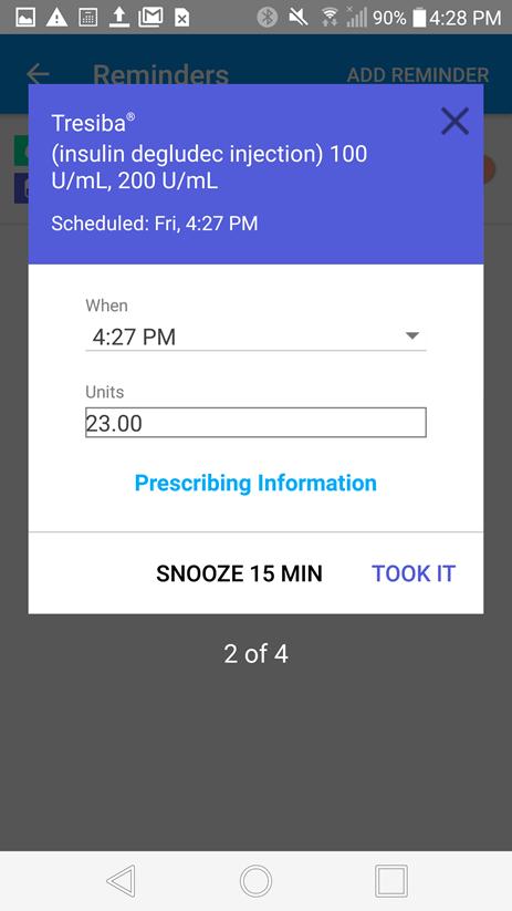 glucose meter. Snooze 15 mins: Selecting this option will resend the push notification reminder in 15 minutes.