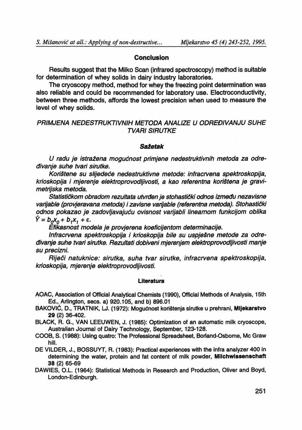 S. Mišanović at ali: Applying of non-destructive... Mljekarstvo 45 (4) 243-252, 1995.
