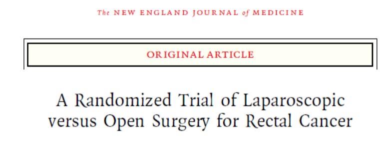 accumulating evidence for a laparoscopic approach in rectal cancer Lancet Oncol 2013 New Engl J Med 2015 COLOR II trial (non inferiority phase III) 20004 2010 1044 patients randomised (2:1) 699 in