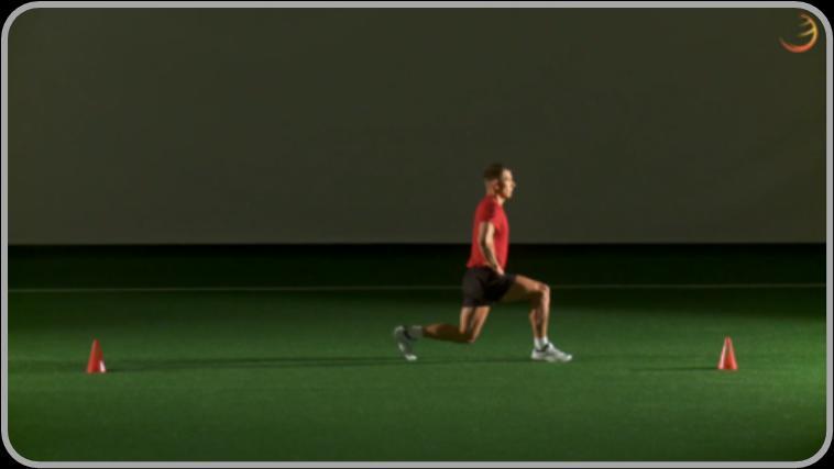 Forward lunge with gluteal activation x 6 REPS Starting position: Stand with feet hip-wide apart, hands on your hips. Exercise: Lunge forward slowly at an even pace.