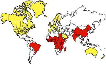 Inverse correlation of type I diabetes and chronic infectious diseases XX Th1 vs Th2 hypothesis T1D - Th1 mediated Yellow - atid _ND Red - _TID and Red delineates areas which harbour six or more of