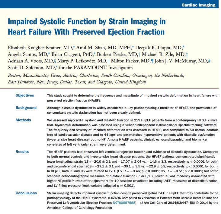 Strain (%) Impaired Systolic Function by Strain Imaging in Heart Failure With Preserved Ejection Fraction Strain Imaging detects impaired systolic function despite preserved global LVEF in HFpEF that