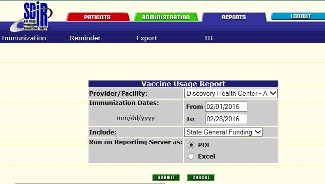 THE VACCINE USAGE REPORT Select your Facility. Enter the IZ date range.