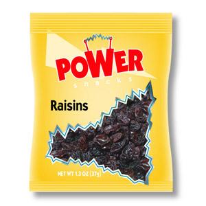 Item: 7225510 PWR SNCK RAISINS 144/1.3 OZ Pack: 144/1.3 OZ Description: Sweet Thompson seedless raisins packed in single serve kid appealing bright packages.