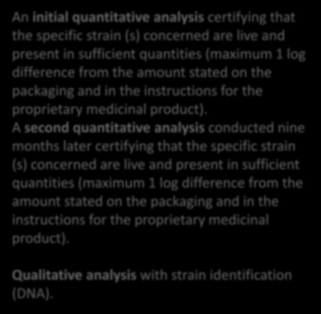 An initial quantitative analysis certifying that the specific strain (s) concerned are live and present in sufficient quantities (maximum 1 log difference from the amount stated on the packaging and