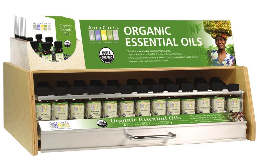 ORGANIC ESSENTIAL OIL DRAWER DISPLAYS 1-Tier Organic Holds 39 (0.25 l. oz.) bottles. Item # 191576 UPC 0-51381-91576-6 Wholesale Price 455.