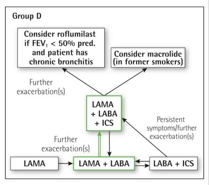 Pharmacologic treatment: Group D If patients treated with LABA/LAMA/ICS still have exacerbations the following options may be considered: Add roflumilast.