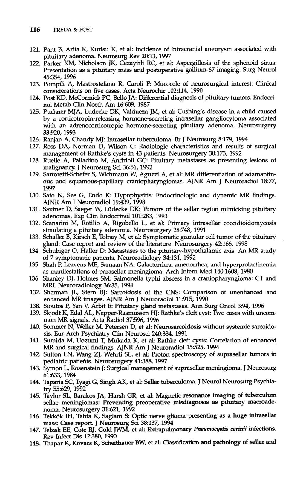 116 FREDA & POST 121. Pant 8, Arita K, Kurisu K, et a1 Incidence of intracranial aneurysm associated with pituitary adenoma. Neurosurg Rev 2013,1997 122.