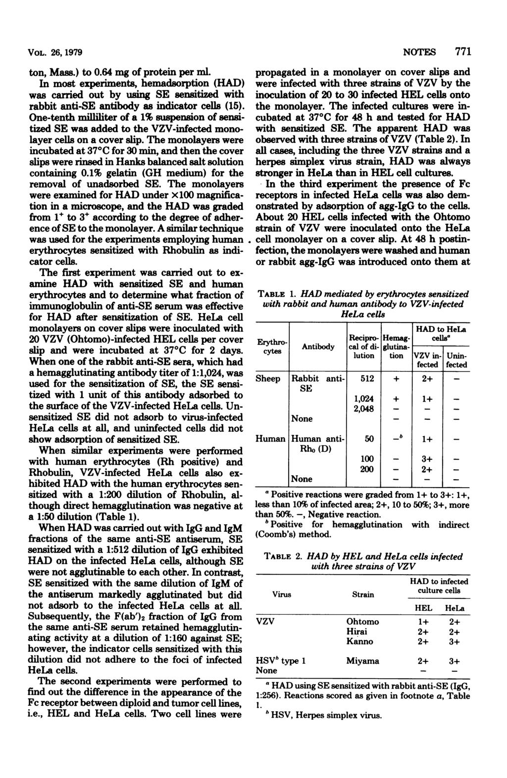 VOL. 26, 1979 ton, Mass.) to.64 mg of protein per ml. In most experiments, hemadsorption (HAD) was carried out by using SE sensitized with rabbit anti-se antibody as indicator cells (15).