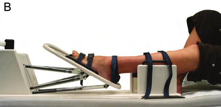 The affected lower leg was placed on a platform positioned 10 cm above the table to allow slight knee flexion and ankle relaxation. The foot was attached to the footplate.