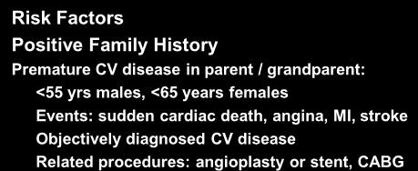History Premature CV disease in parent / grandparent: <55 yrs males, <65 years females Events: sudden