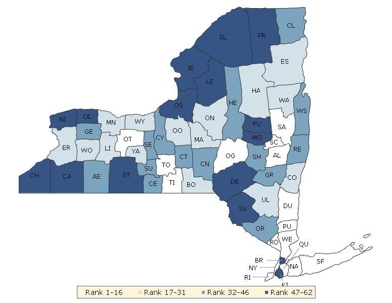 The maps on this page display New York s counties divided into groups by health rank. The lighter colors indicate better performance in the respective summary rankings.
