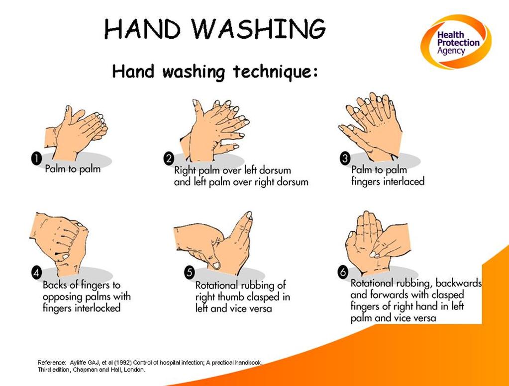Hand washing should be performed as follows: Fig 3 Hand-washing technique Health Protection Agency Individuals you care for and support may have low immunity due to illness, side effects of