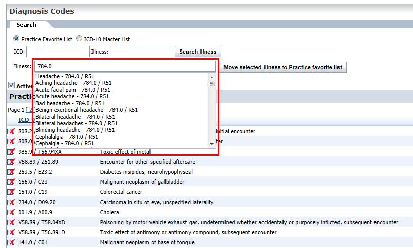 Figure 3: Adding ICD-10 to Practice Favorite List RECORDING ICD-10 CODES IN THE DIAGNOSIS SECTION On the Diagnosis screen, there are several ways to record illnesses.