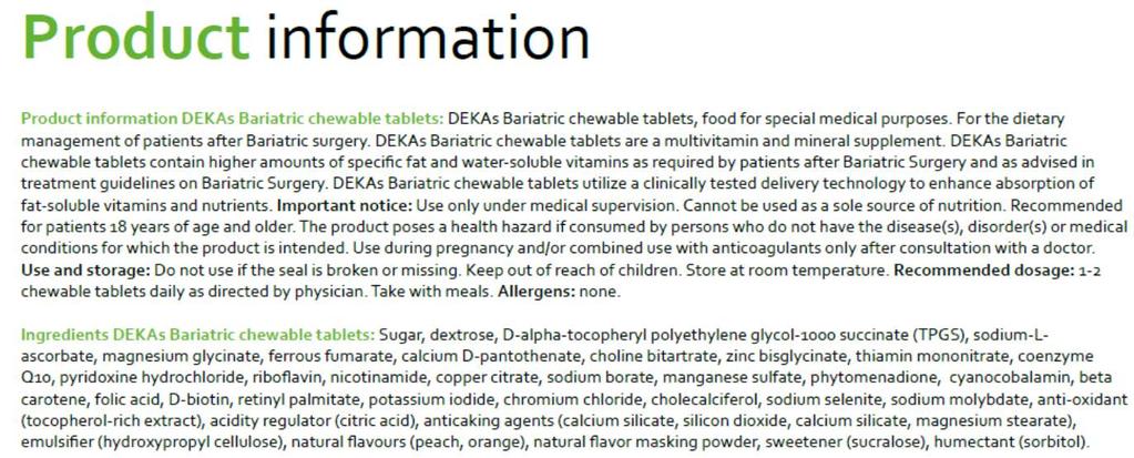 Product Information DEKAs Bariatric Food for Special