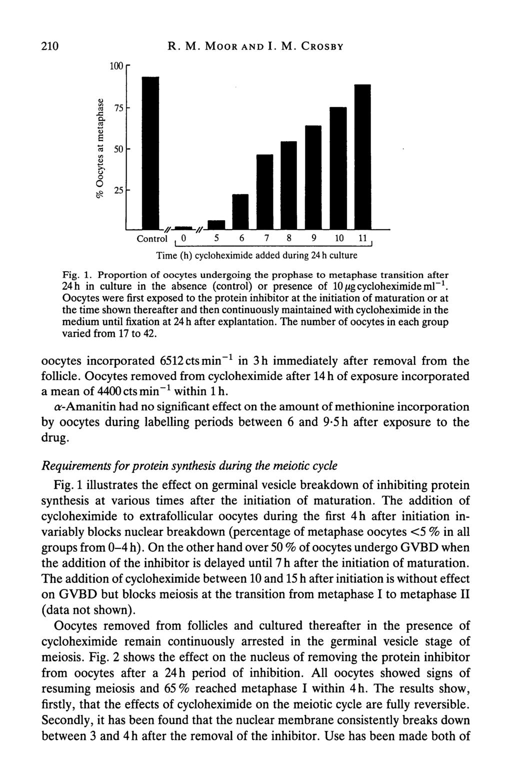210 R. M. MOOR AND I. M. CROSBY 100 r a 75 50 25 Control, 0 5 6 7 8 9 10 11 Time (h) cycloheximide added during 24 h culture Fig. 1. Proportion of oocytes undergoing the prophase to metaphase transition after 24 h in culture in the absence (control) or presence of 10 ^g cycloheximide ml" 1.