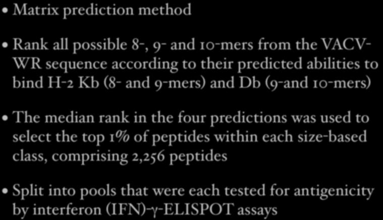 Experimental design Matrix prediction method Rank all possible 8-, 9- and 10-mers from the VACV- WR sequence according to their predicted abilities to bind H-2 Kb (8- and 9-mers) and Db (9-and