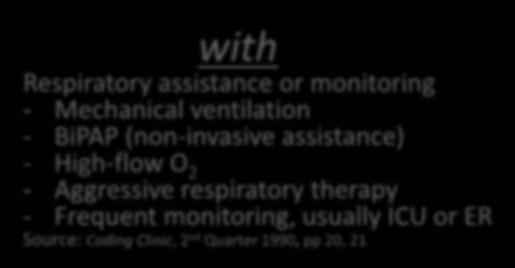 ventilation - BiPAP (non-invasive assistance) - High-flow O 2 - Aggressive respiratory therapy - Frequent monitoring, usually ICU or ER Source: