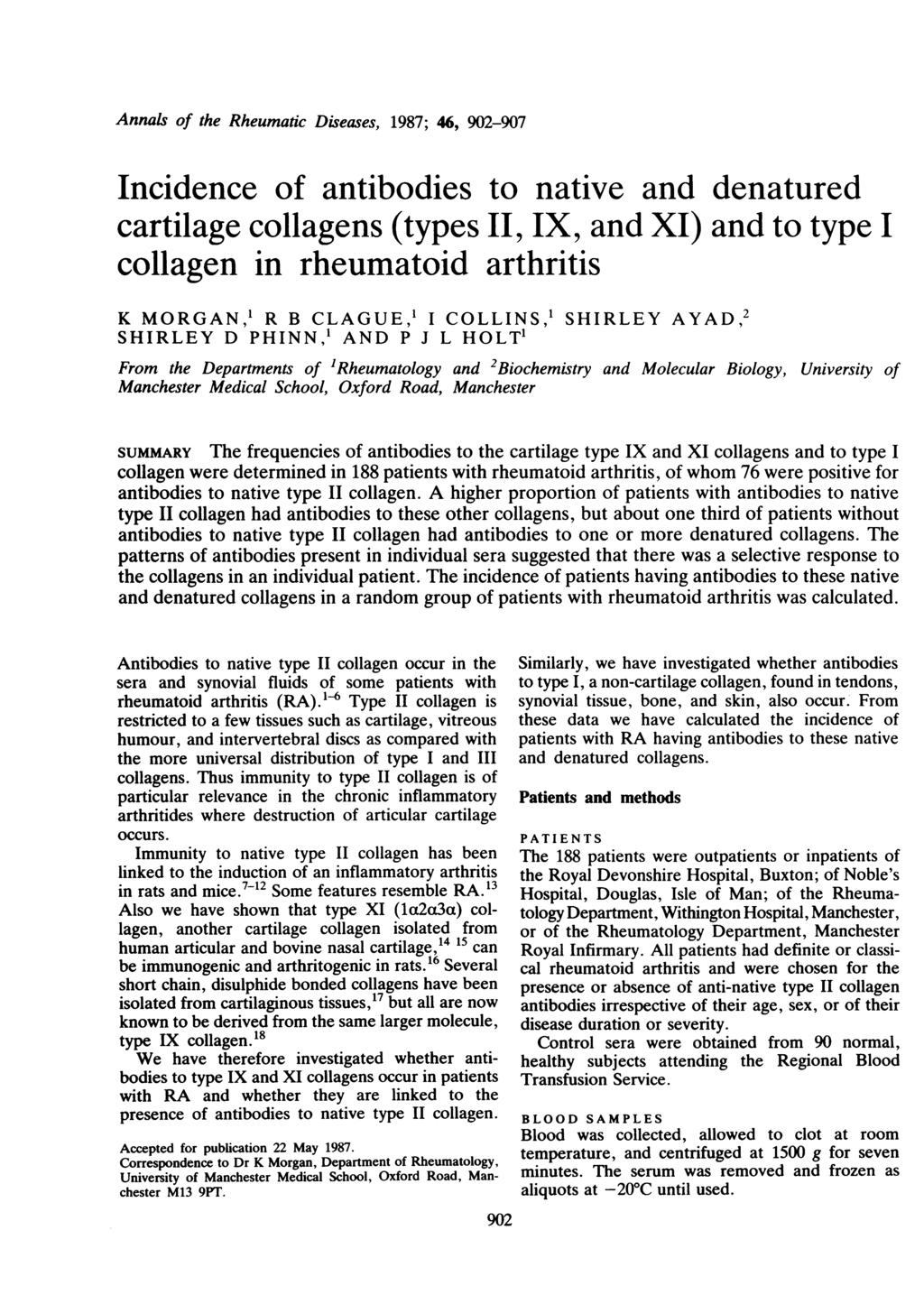 Annals of the Rheumatic Diseases, 1987; 46, 902-907 Incidence of antibodies to native and denatured cartilage collagens (types II, IX, and XI) and to type I collagen in rheumatoid arthritis K