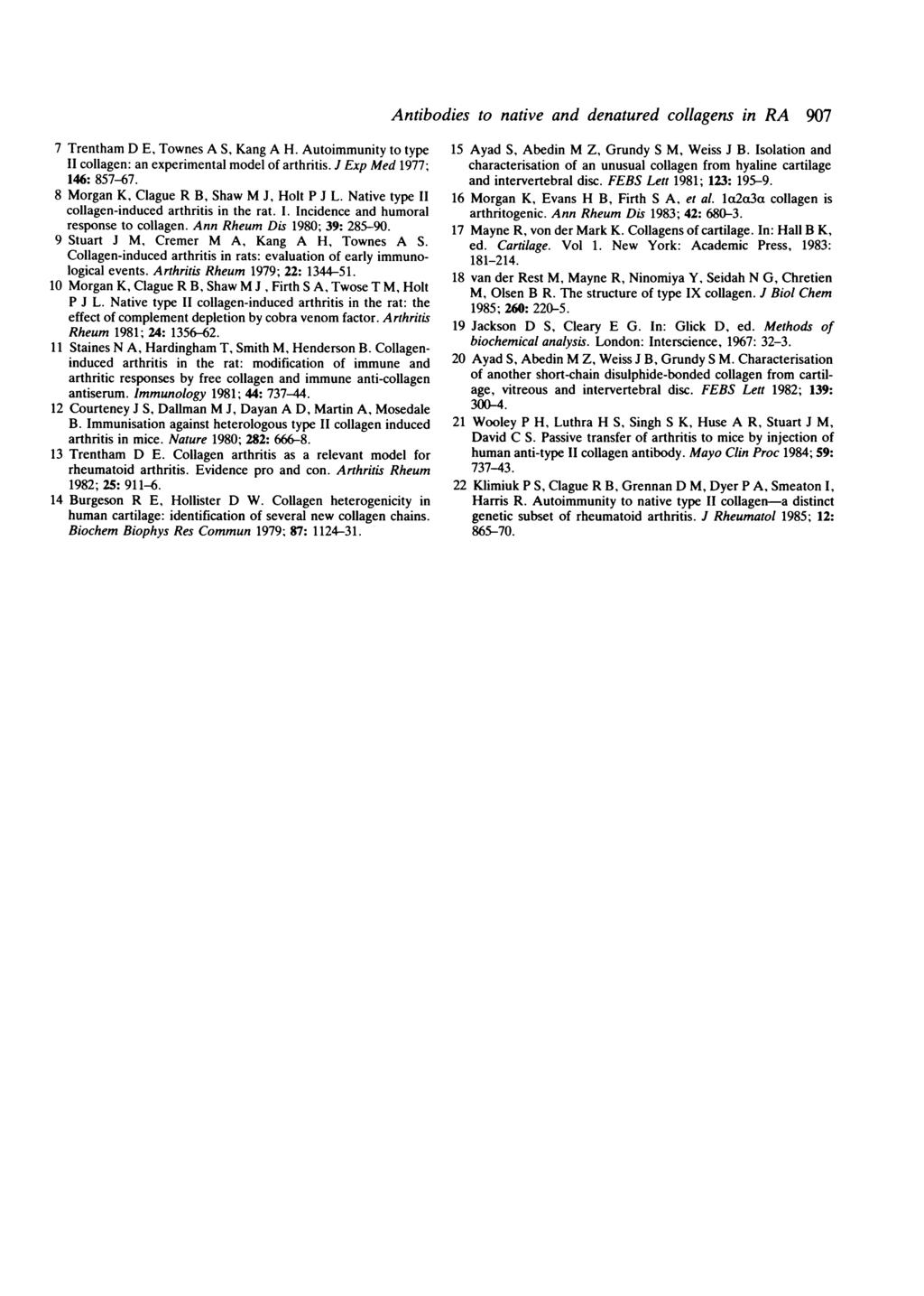 7 Trentham D E, Townes A S, Kang A H. Autoimmunity to type II collagen: an experimental model of arthritis. J Exp Med 1977; 146: 857-67. 8 Morgan K, Clague R B, Shaw M J, Holt P J L.