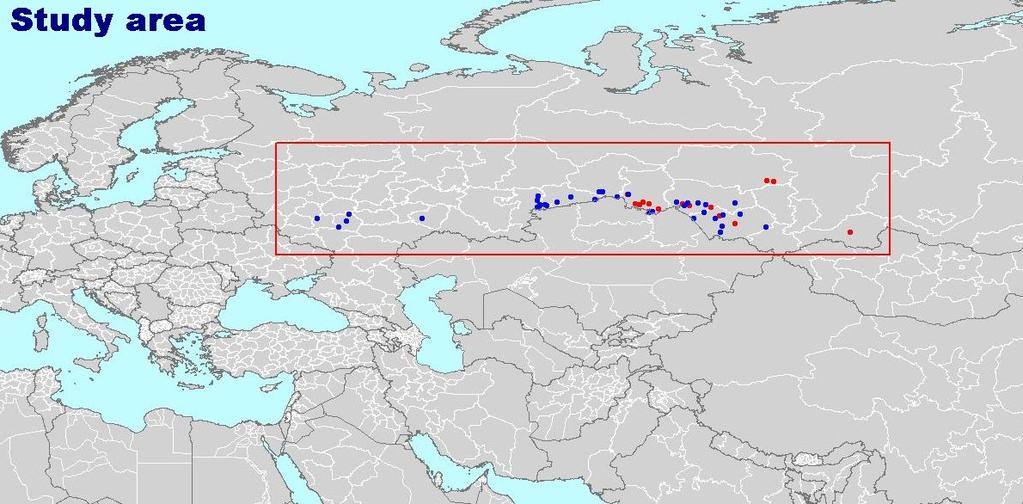 Map 1: HPAI outbreaks in 2005 (blue) and 2006 (red and partial data). The histograms in Figure 2 show the number of recorded outbreaks in 2005 against those in 2006.