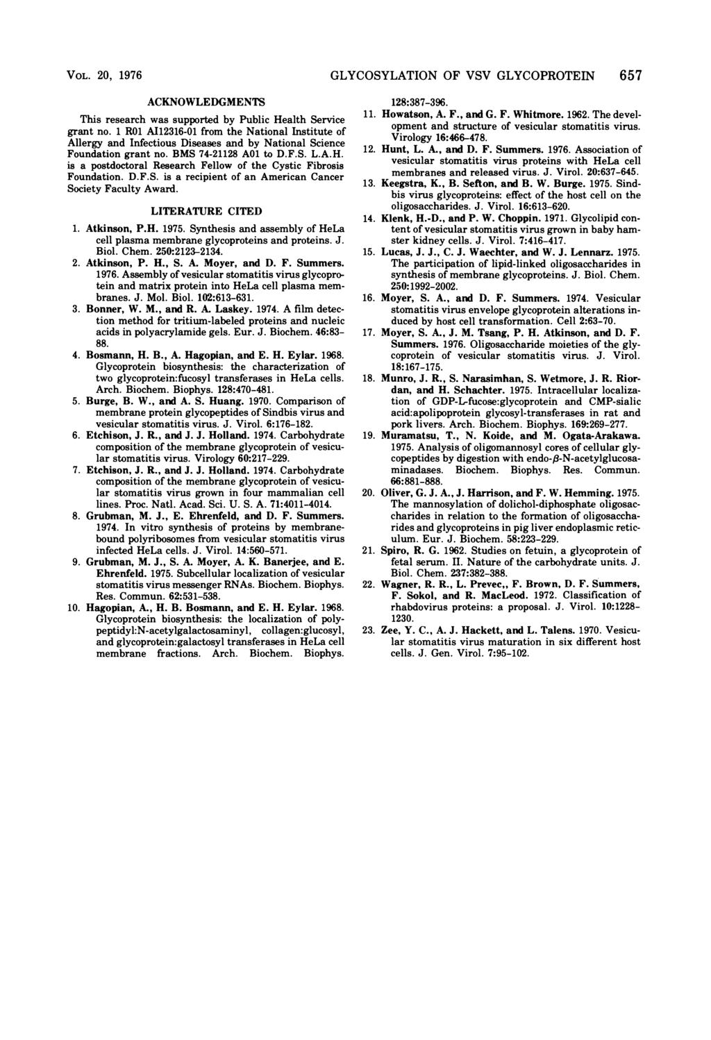 VOL. 20, 1976 ACKNOWLEDGMENTS This research was supported by Public Health Service grant no.