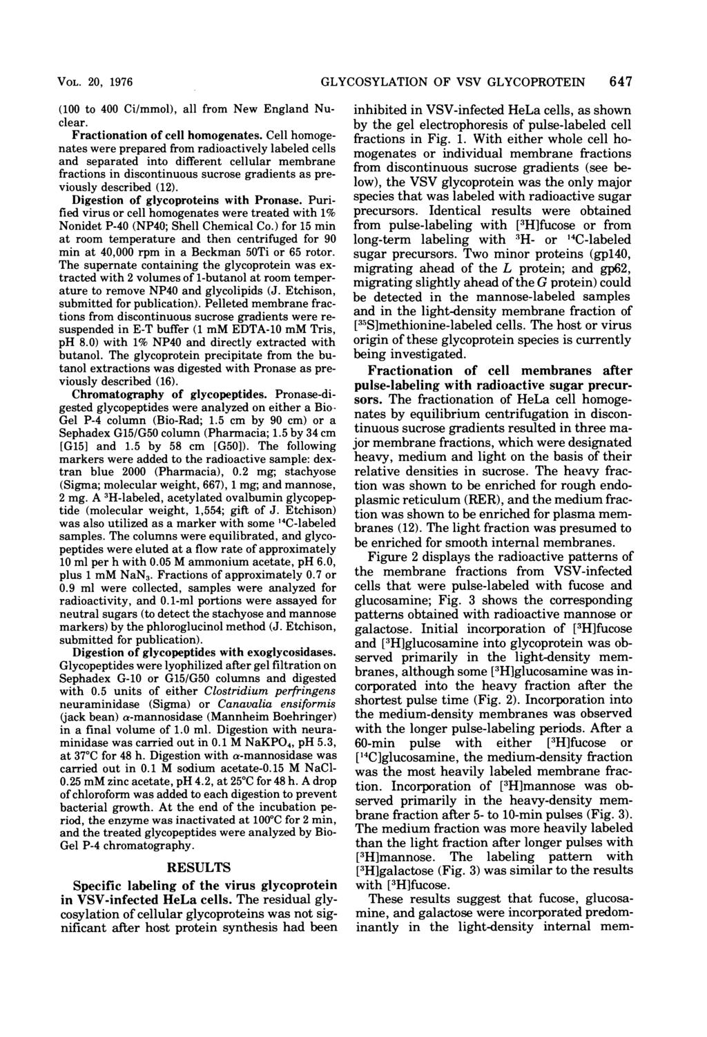 VOL. 20, 1976 (100 to 400 Ci/mmol), all from New England Nuclear. Fractionation of cell homogenates.