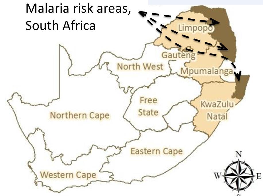 Introduction Malaria endemic in 3 of 9 provinces in South Africa KwaZulu-Natal, Limpopo and Mpumalanga North-eastern parts & lowveld areas Cases also reported in non-endemic provinces Imported