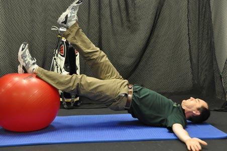 Supine Bridge One Leg This is an advanced lower body and core stability exercise designed to target the glutes.