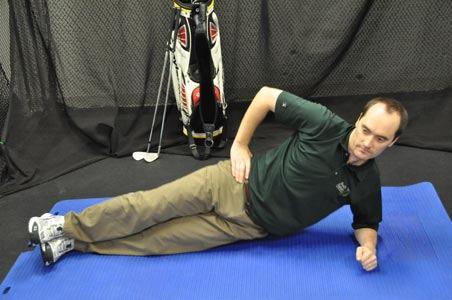 Key safety point is to keep your arm perpendicular to the floor. This exercise improves stability of your lower body during your golf.