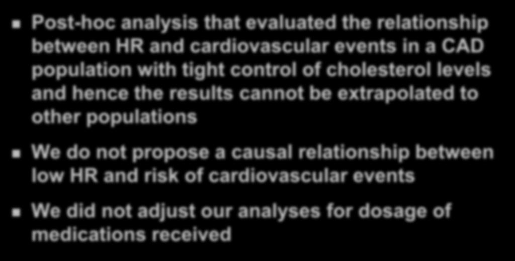 Limitations Post-hoc analysis that evaluated the relationship between HR and cardiovascular events in a CAD population with tight control of cholesterol levels and hence the results cannot