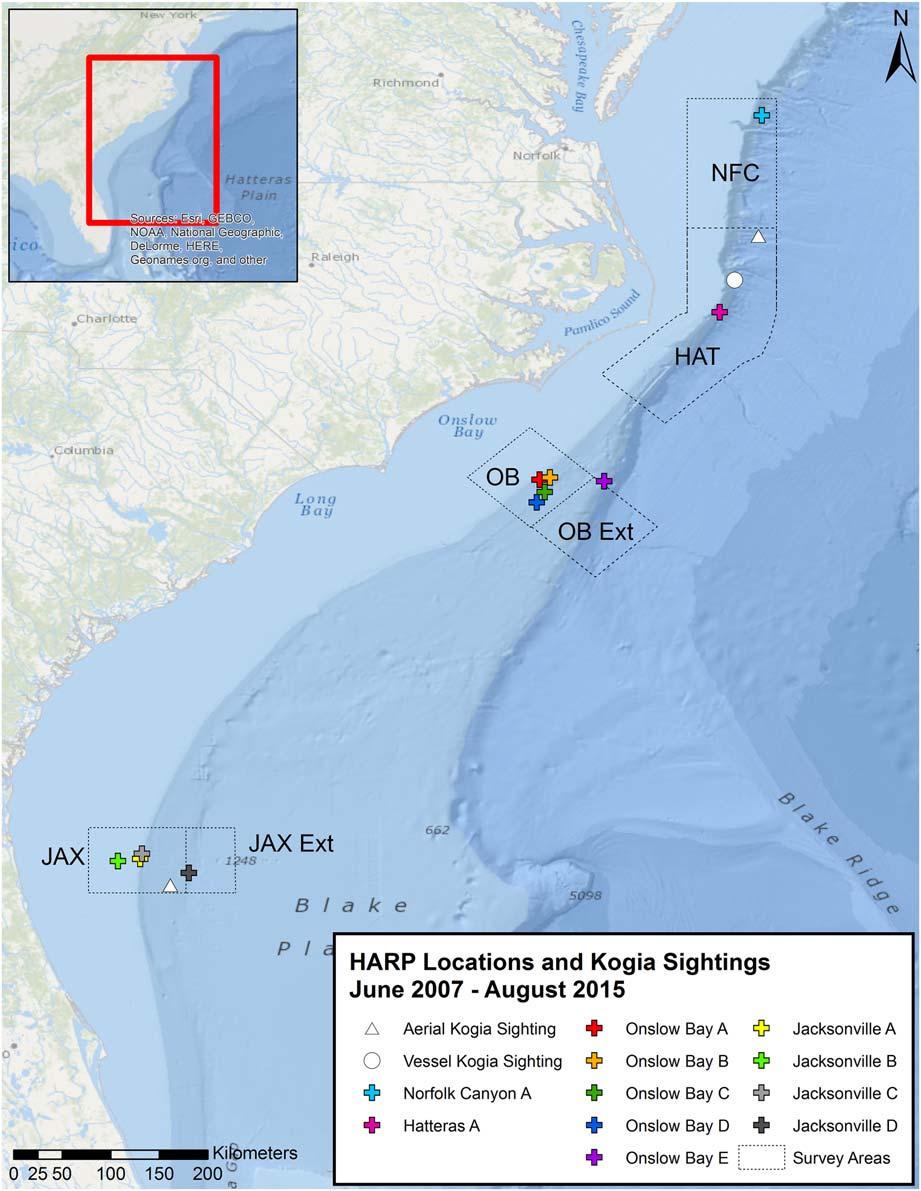 NOTES 3 Figure 1. Locations of visual survey areas, HARP deployments, and three visual detections of Kogia spp. between June 2007 and August 2015.
