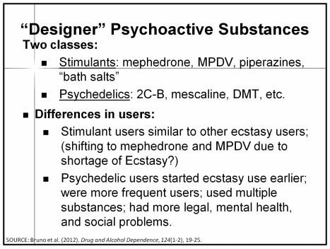 Differences in users: Stimulant users similar to other ecstasy users; (shifting to mephedrone and MPDV due to shortage of Ecstasy?