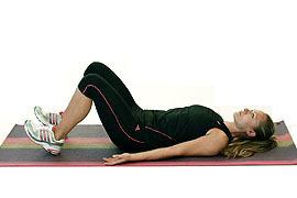 Begin by lying flat on floor in supine position with knees bent, feet flat, toes pointing straight ahead and arms by sides. Activate core by drawing navel towards the spine and squeezing the glutes.
