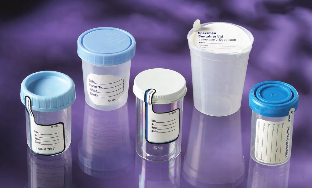 Specimen Collection & Containers DYND30330 DYND30103 DYND30332 DYND30345 DYND30337 Deluxe Urinalysis Container Urinalysis container with pouring spout, 6 oz./180ml, volume graduated in both oz and ml.