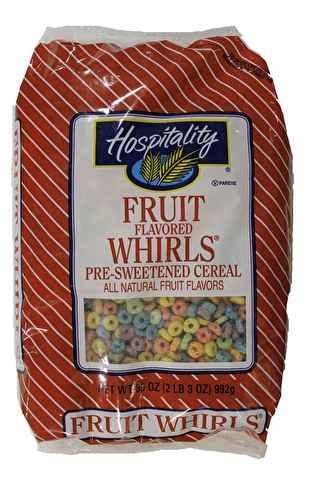 HOSPITALITY Cereal FRUIT WHIRL RING BULK # 4177739 4/35 OZ. Product Description Manufacturer: GILSTER-MARY LEE CORP, Product # 7192376247 Additional Description ENRICHED W/VITAMINS & MINERALS.
