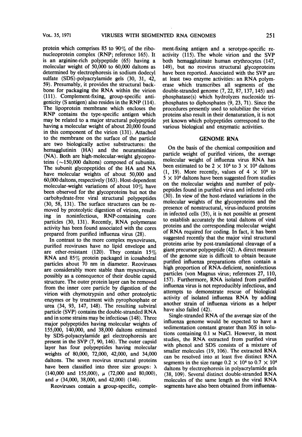 VOL. 35, 1971 VIRUSES WITH SEGMENTED RNA GENOMES 251 protein which comprises 85 to 90% of the ribonucleoprotein complex (RNP; reference 165).