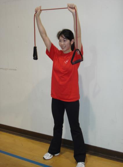 Lat Pull down Muscles targeted: Back (specifically Latissimus Dorsi) Position: Hold band above head.