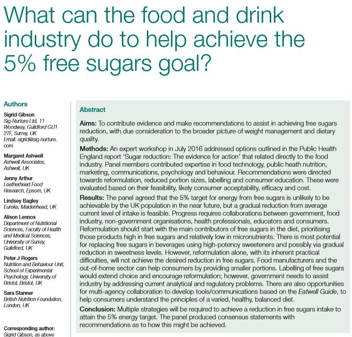 Paper published in Perspectives in Public Health 2017 In the UK, large Intake of sugar