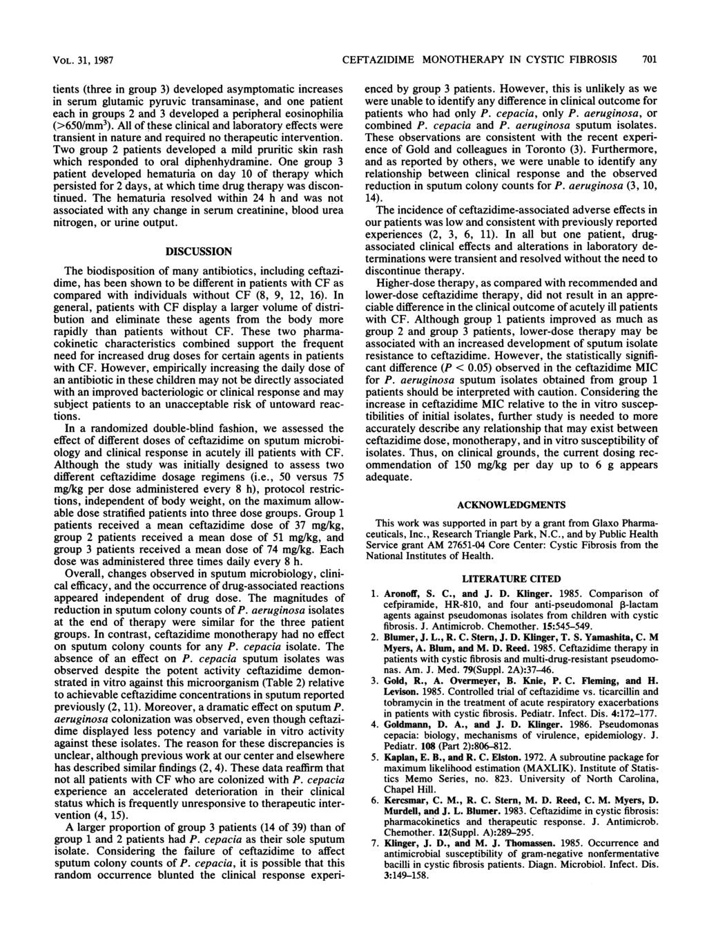 VOL. 31, 1987 CEFTAZIDIME MONOTHERAPY IN CYSTIC FIBROSIS 701 tients (three in group 3) developed asymptomatic increases in serum glutamic pyruvic transaminase, and one patient each in groups 2 and 3