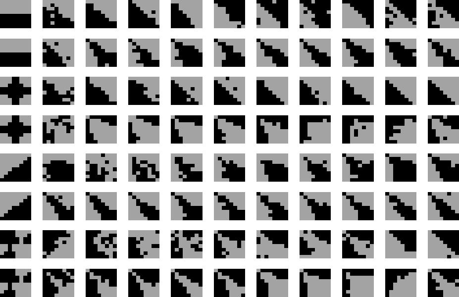 gray pixels indicate category membership, and each image is the generalization responses of a single learner. Each learner learned from examples from the categories shown to the immediate left.