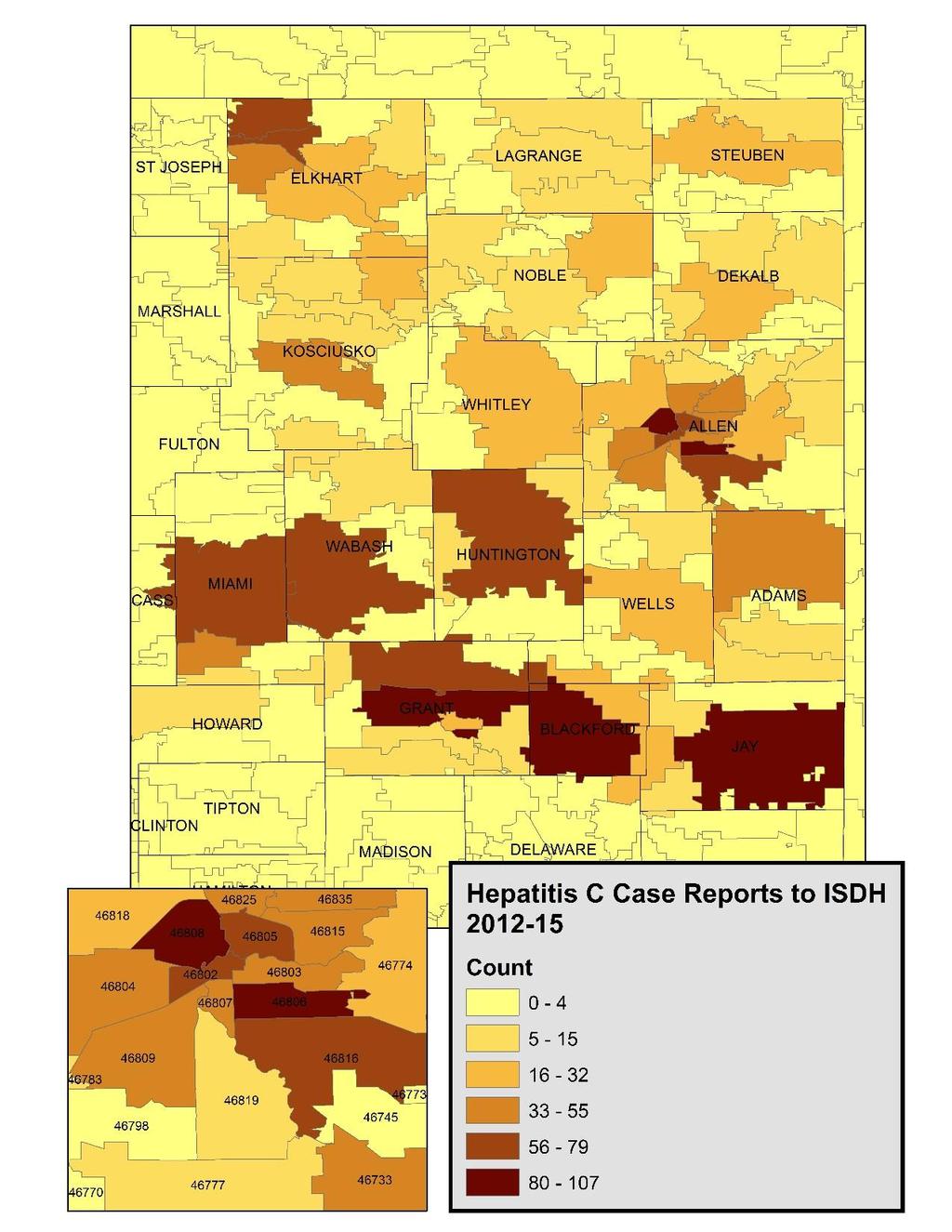 Hepatitis C in NE Indiana 2012 2015 ISDH Chronic and Acute Case reports by county and zip code 99