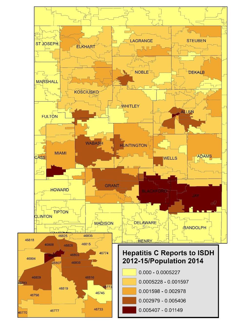 Incidence Rates Hepatitis C in NE Indiana 2012-2015 Incidence/Total county population*