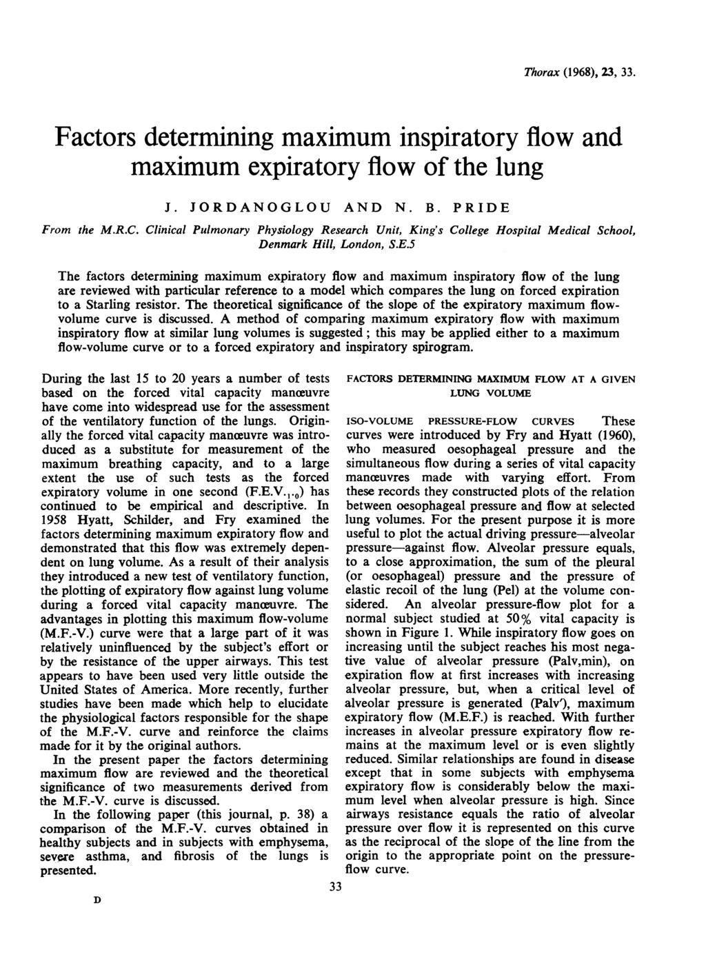 Thorax (1968), 23, 33. Factors determining maximum inspiratory flow and maximum expiratory flow of the lung J. JORDANOGLOU AND N. B. PRIDE From the M.R.C.