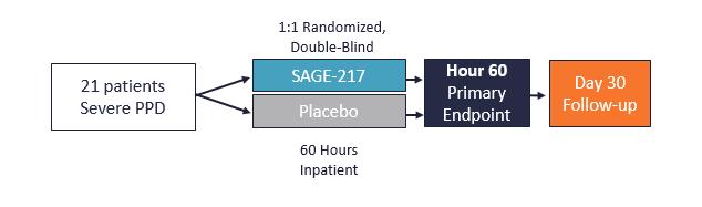 SAGE- 547: 202-A Study in Severe PPD Study Population Key Endpoints Placebo-controlled, doubleblind 1:1 randomization Enrolled 21 patients (10 SAGE-547, 11 placebo) Major